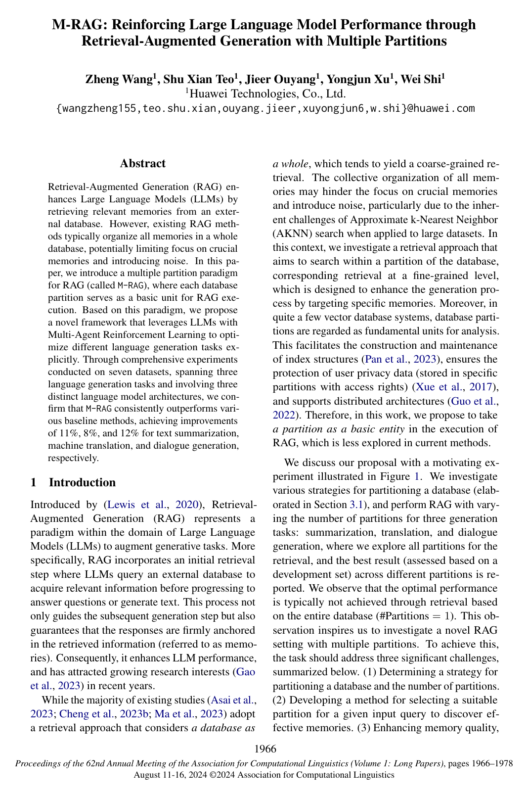 Cover for M-RAG: Reinforcing Large Language Model Performance through Retrieval-Augmented Generation with Multiple Partitions