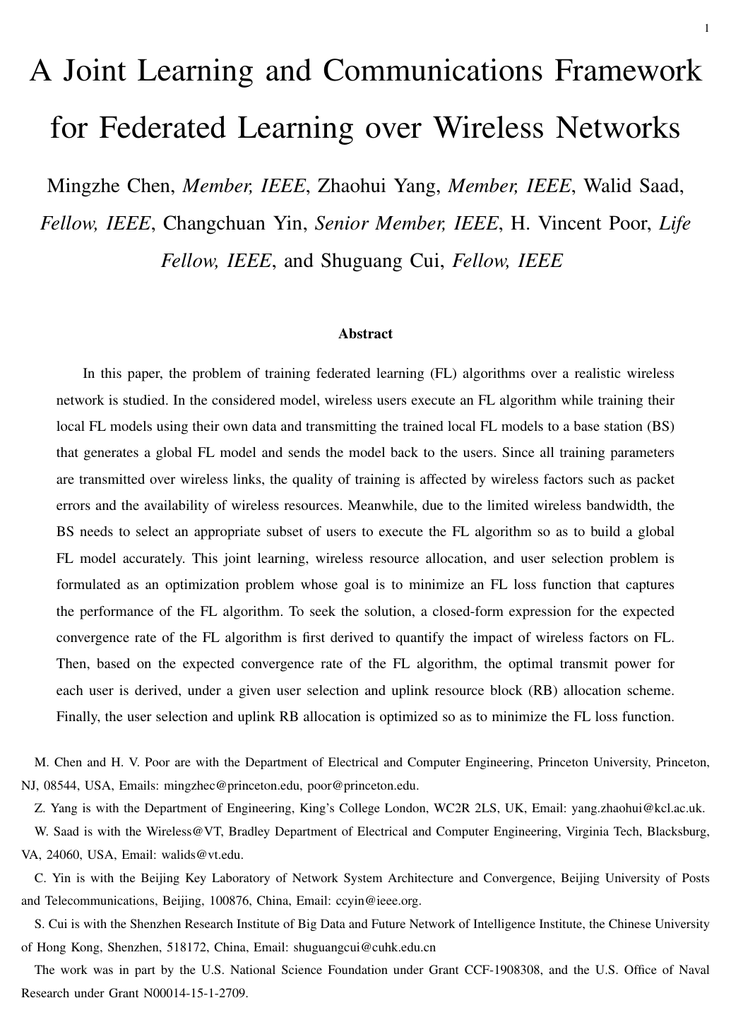 Cover for A Joint Learning and Communications Framework for Federated Learning Over Wireless Networks