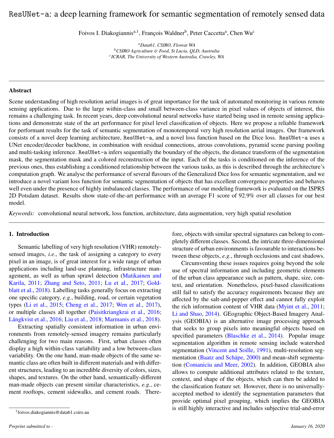 Cover for ResUNet-a: a deep learning framework for semantic segmentation of remotely sensed data