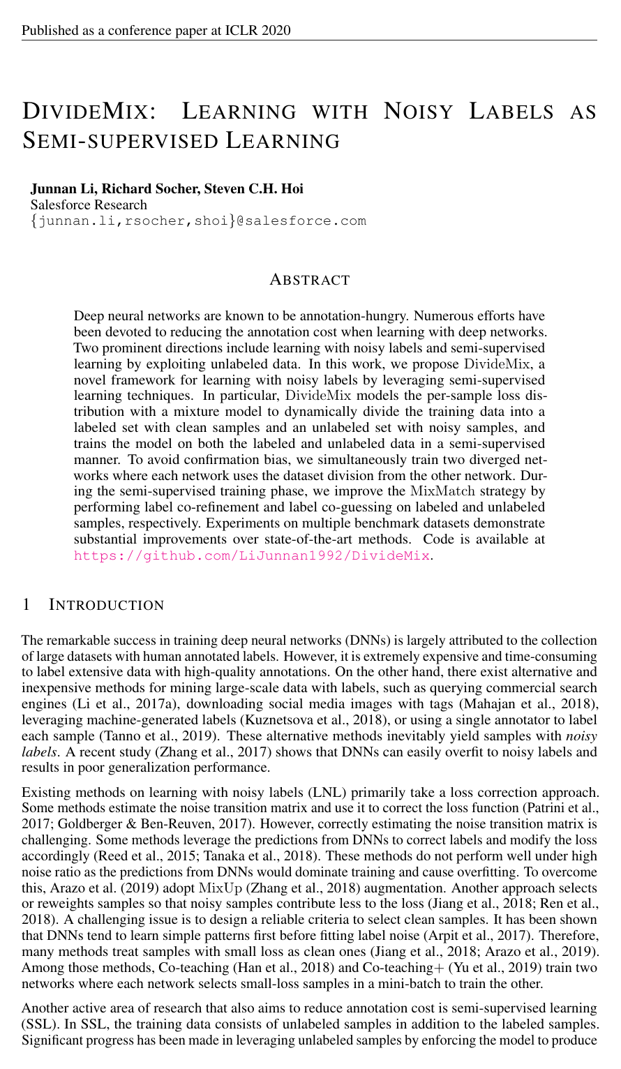 Cover for DivideMix: Learning with Noisy Labels as Semi-supervised Learning