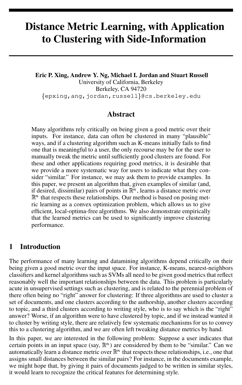 Cover for Distance Metric Learning with Application to Clustering with Side-Information