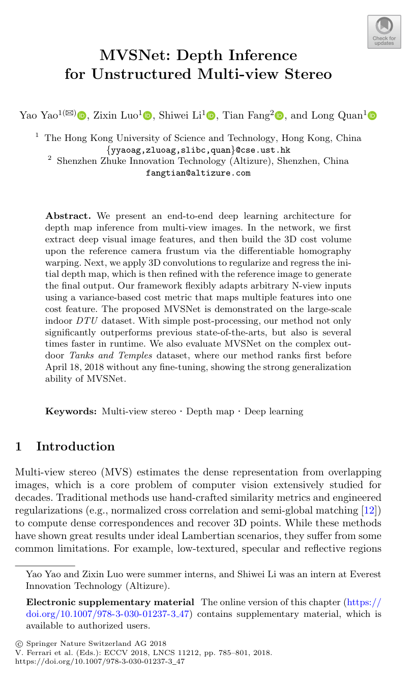 Cover for MVSNet: Depth Inference for Unstructured Multi-view Stereo