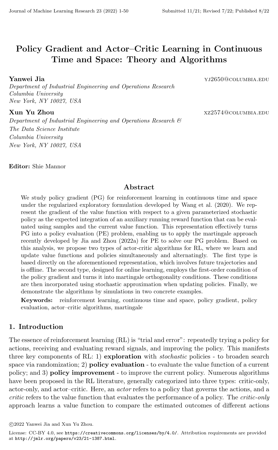 Policy Gradient and Actor-Critic Learning in Continuous Time and Space: Theory and Algorithms