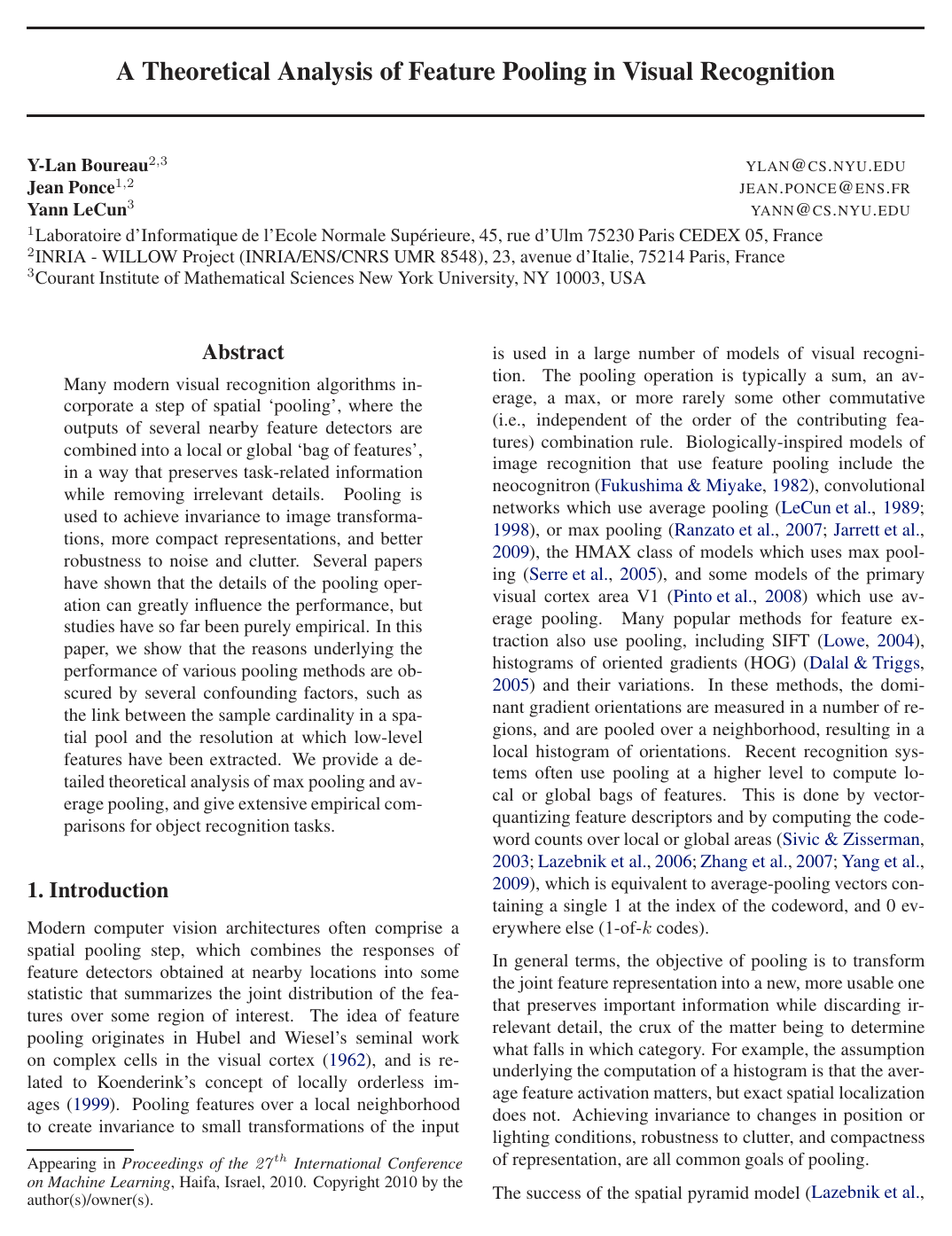 A Theoretical Analysis of Feature Pooling in Visual Recognition