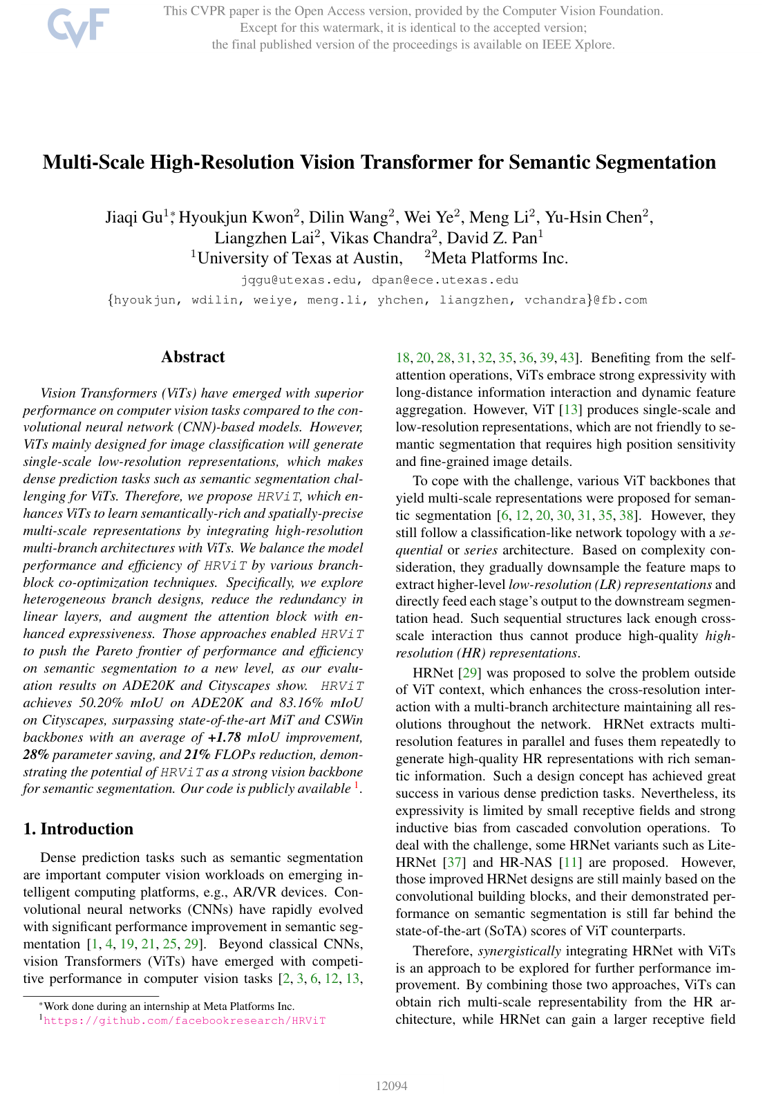 Multi-Scale High-Resolution Vision Transformer for Semantic Segmentation