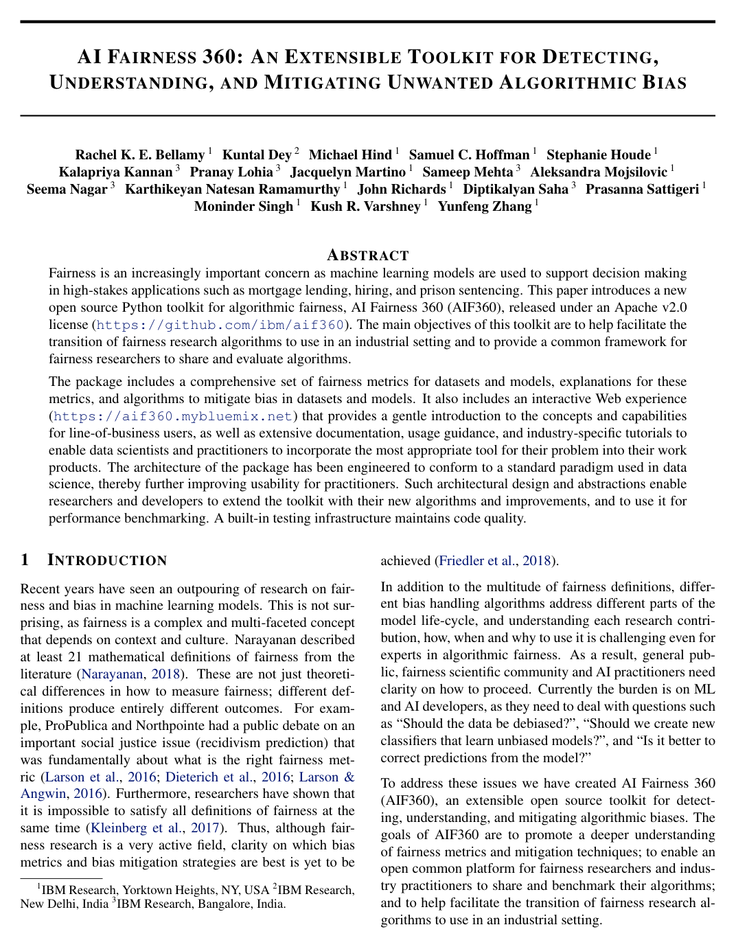 AI Fairness 360: An extensible toolkit for detecting and mitigating algorithmic bias
