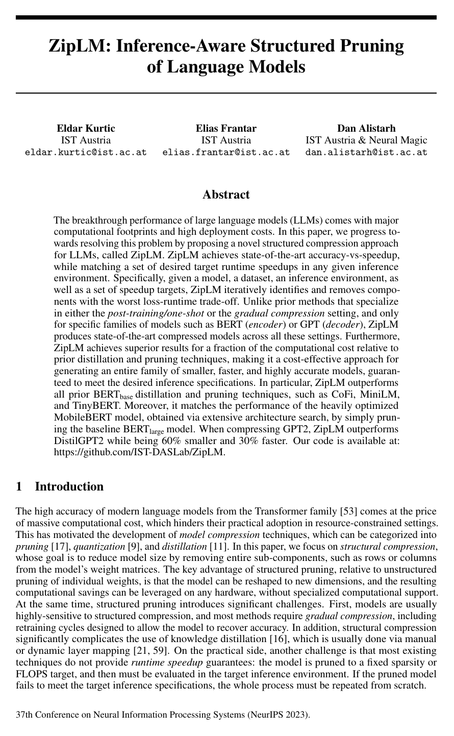 Cover for ZipLM: Inference-Aware Structured Pruning of Language Models