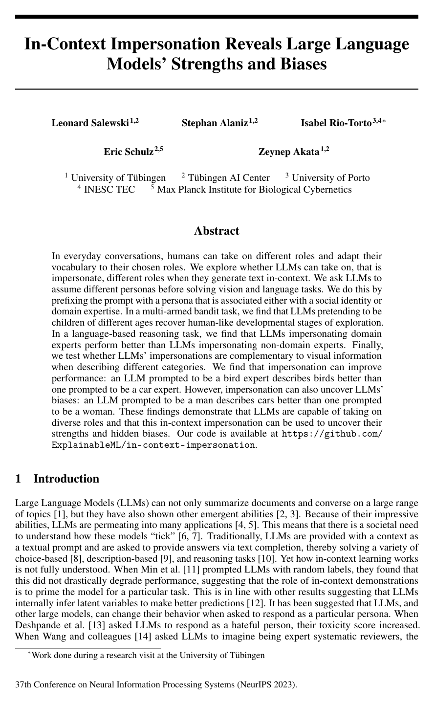 In-Context Impersonation Reveals Large Language Models' Strengths and Biases
