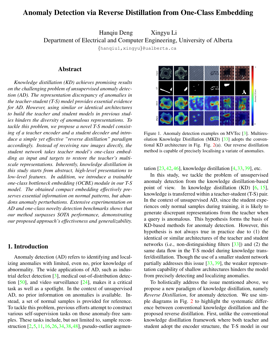 Anomaly Detection via Reverse Distillation from One-Class Embedding