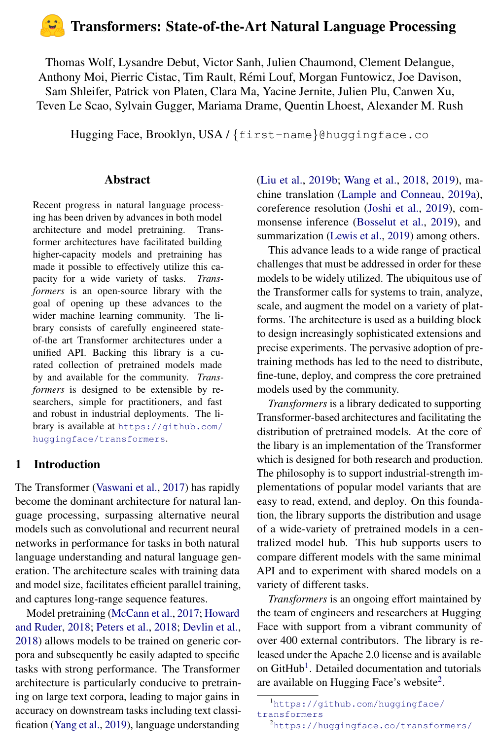 Transformers: State-of-the-Art Natural Language Processing
