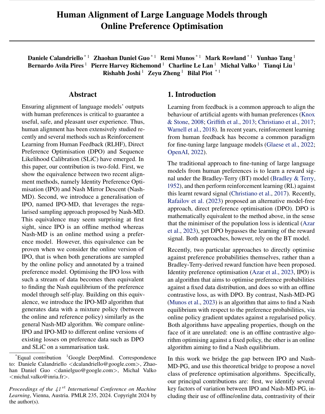 Human Alignment of Large Language Models through Online Preference Optimisation