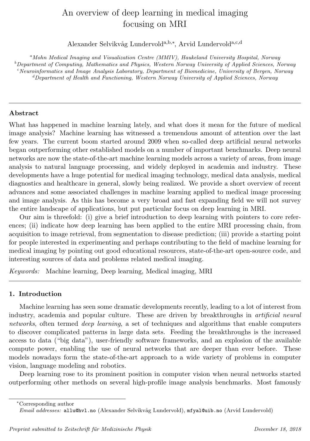 Cover for An overview of deep learning in medical imaging focusing on MRI