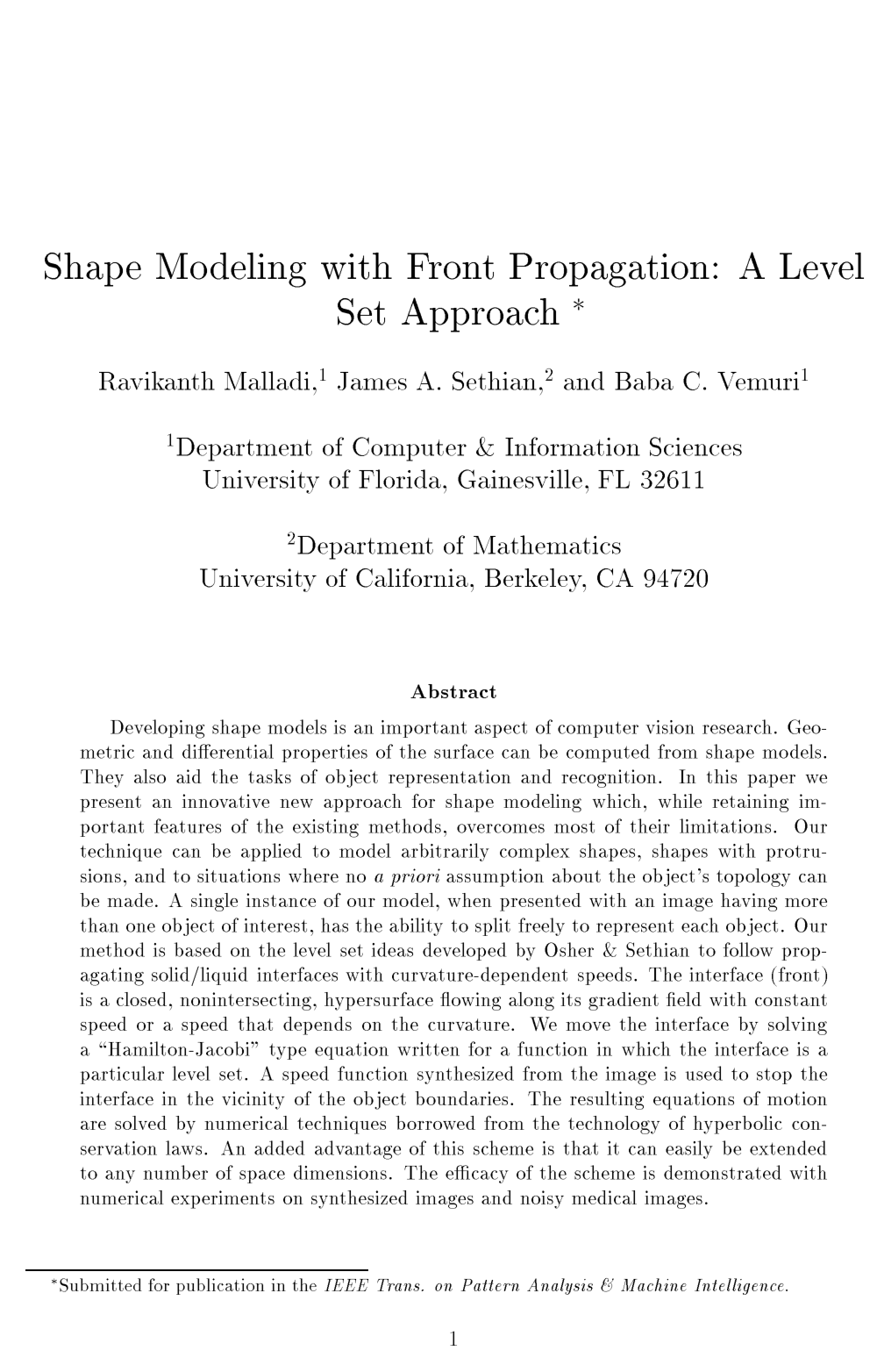 Cover for Shape Modeling with Front Propagation: A Level Set Approach
