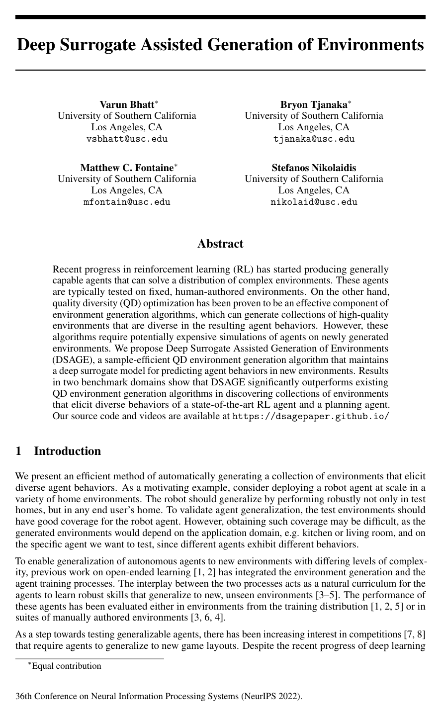 Deep Surrogate Assisted Generation of Environments