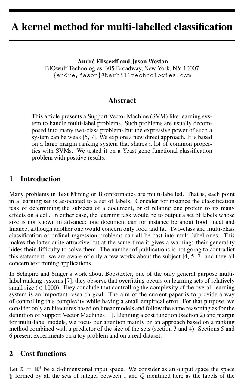 Cover for A kernel method for multi-labelled classification