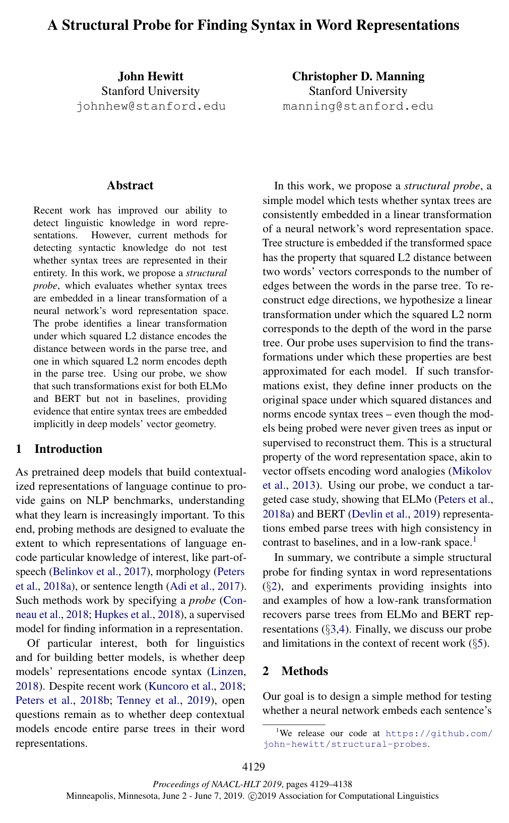 A Structural Probe for Finding Syntax in Word Representations