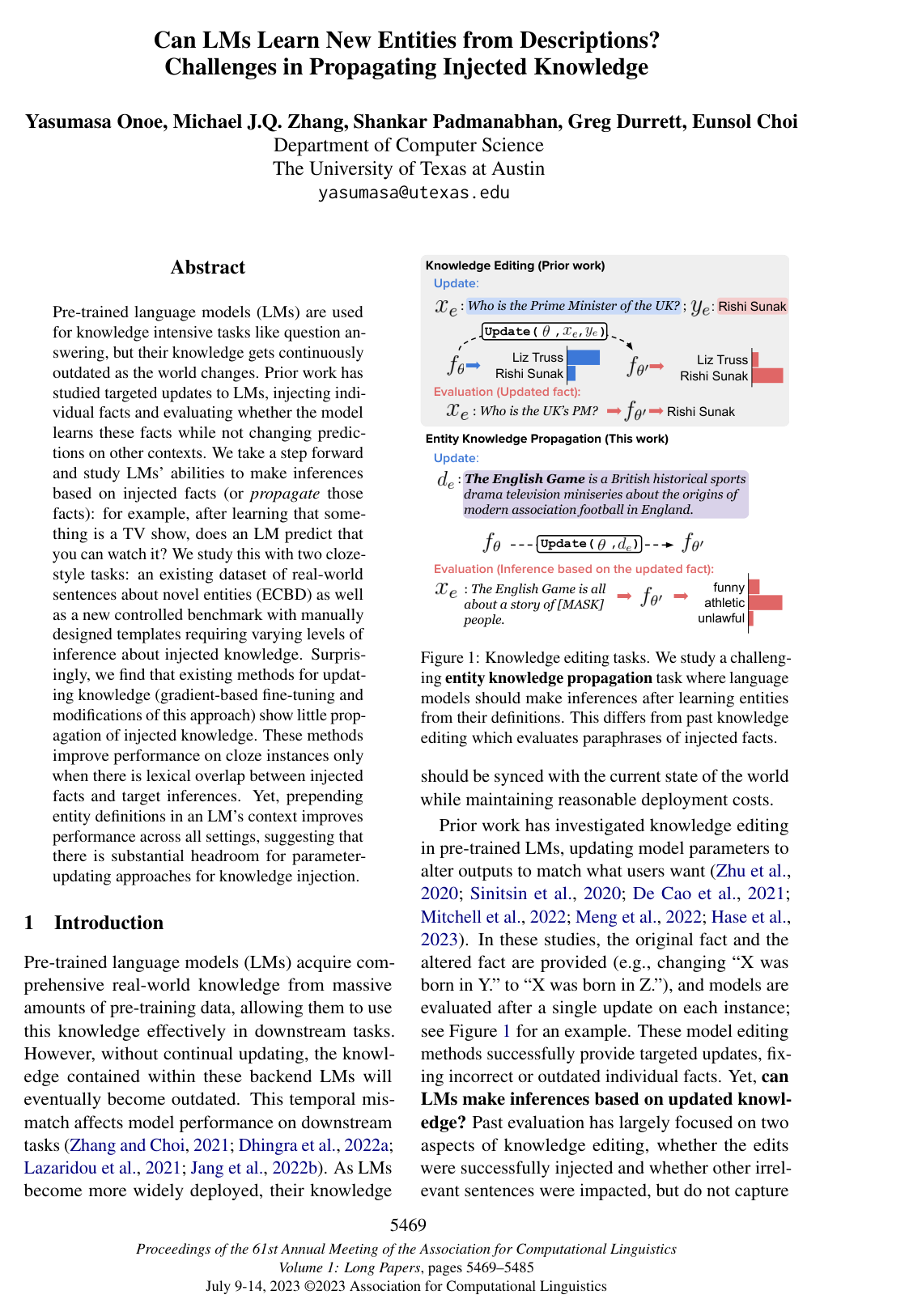 Can LMs Learn New Entities from Descriptions? Challenges in Propagating Injected Knowledge