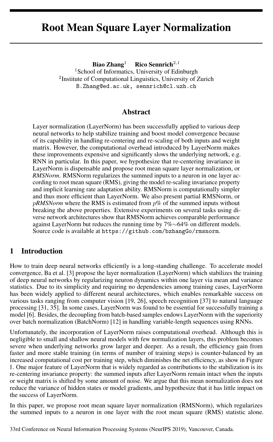 Root Mean Square Layer Normalization