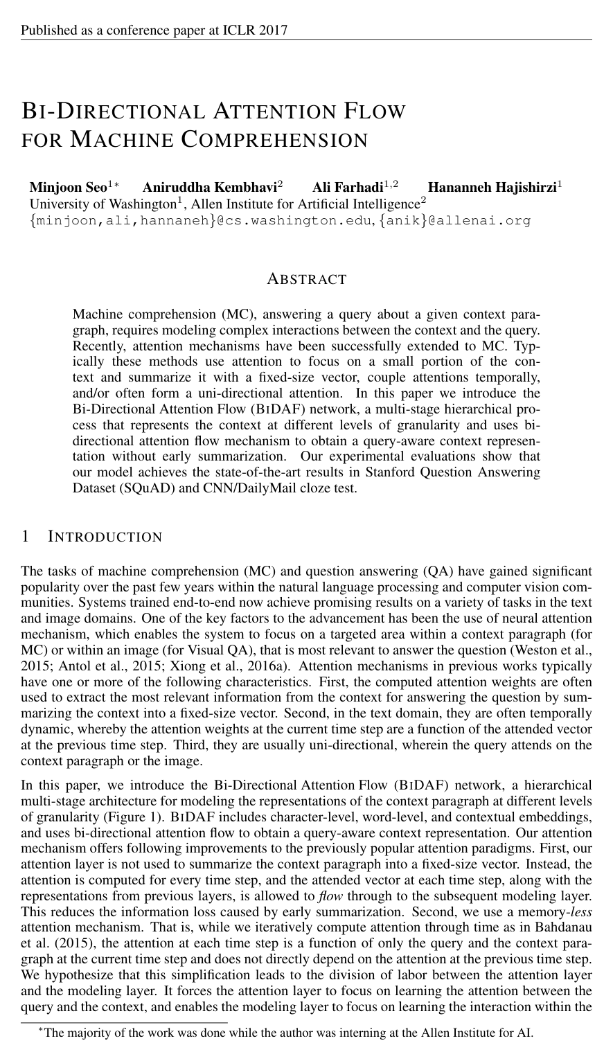 Cover for Bidirectional Attention Flow for Machine Comprehension