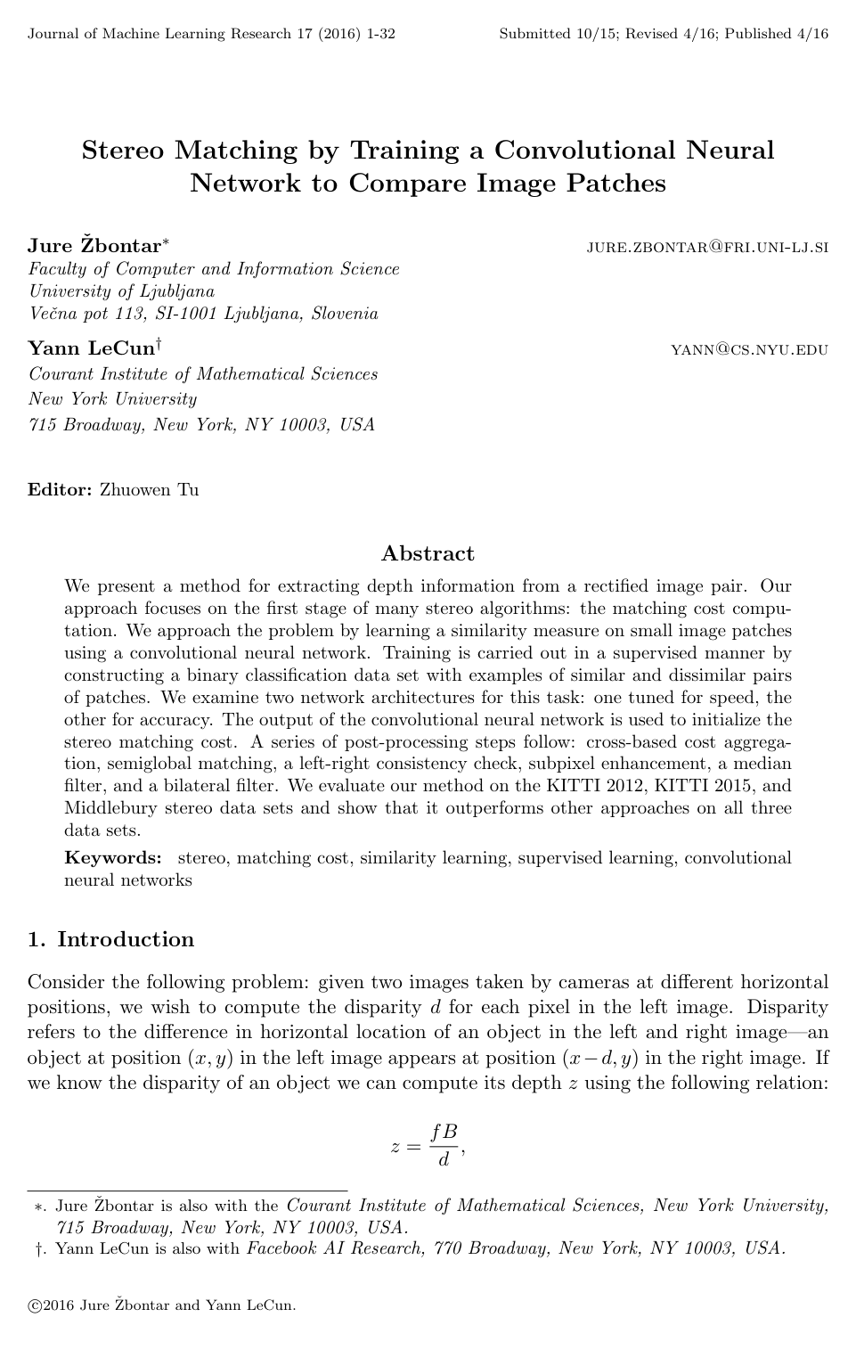 Stereo Matching by Training a Convolutional Neural Network to Compare Image Patches