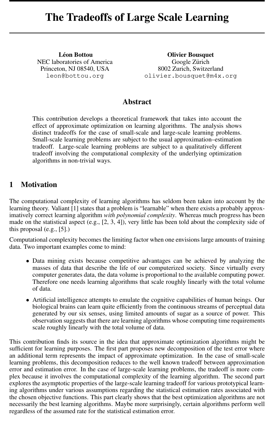 The Tradeoffs of Large Scale Learning