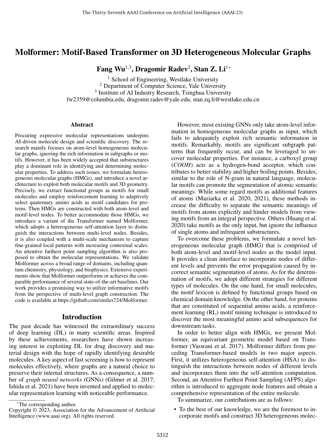 Molformer: Motif-Based Transformer on 3D Heterogeneous Molecular Graphs