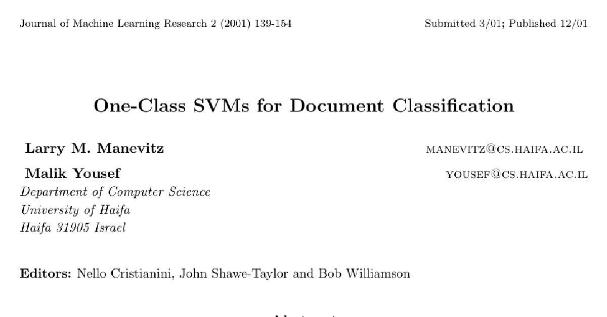 One-Class SVMs for Document Classification cover