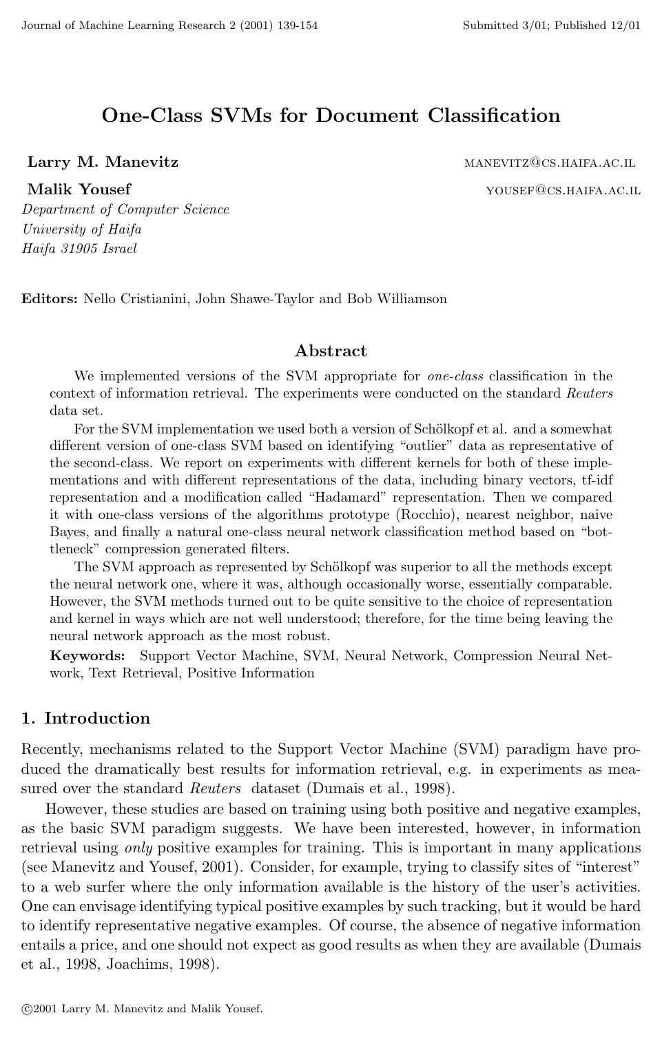 One-Class SVMs for Document Classification