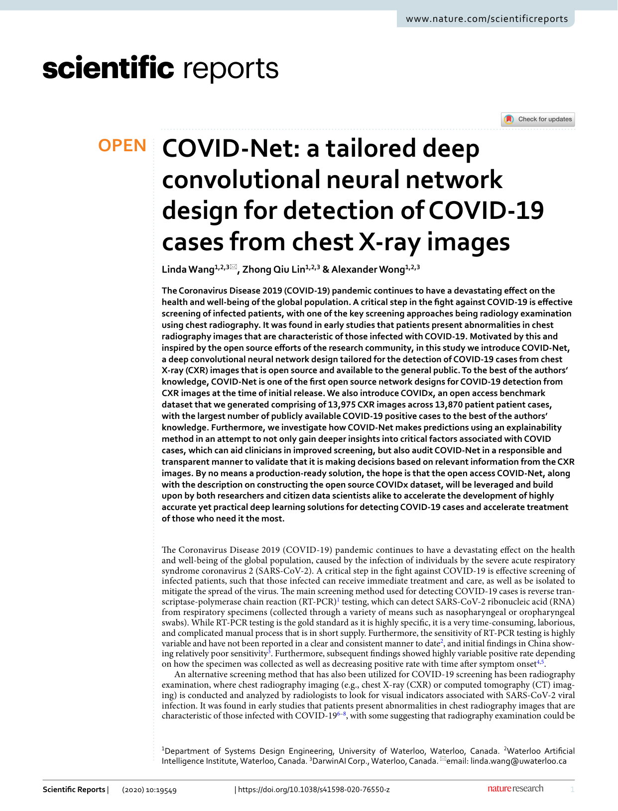 COVID-Net: a tailored deep convolutional neural network design for detection of COVID-19 cases from chest X-ray images