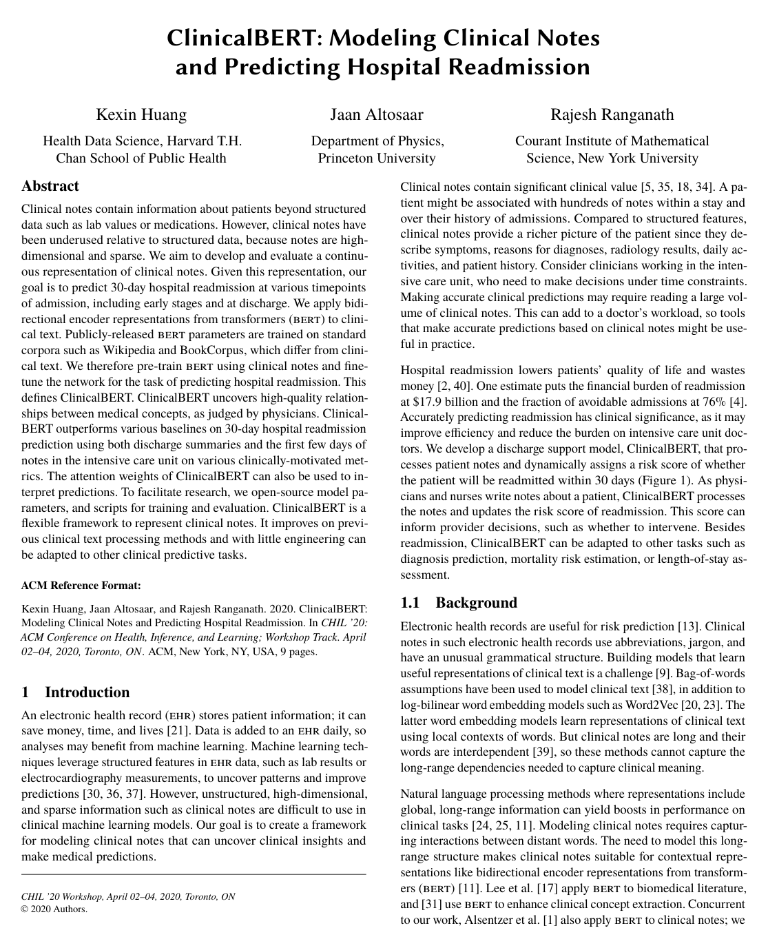 Cover for ClinicalBERT: Modeling Clinical Notes and Predicting Hospital Readmission