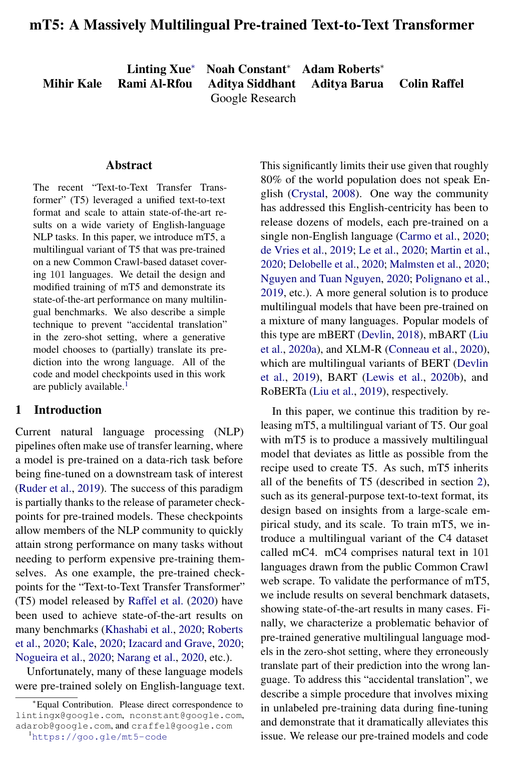 Cover for mT5: A Massively Multilingual Pre-trained Text-to-Text Transformer