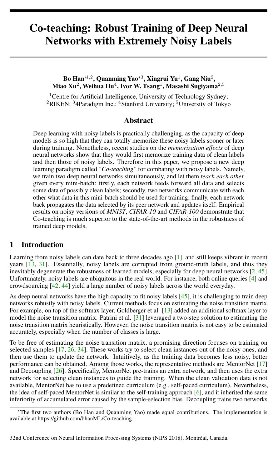Co-teaching: Robust training of deep neural networks with extremely noisy labels
