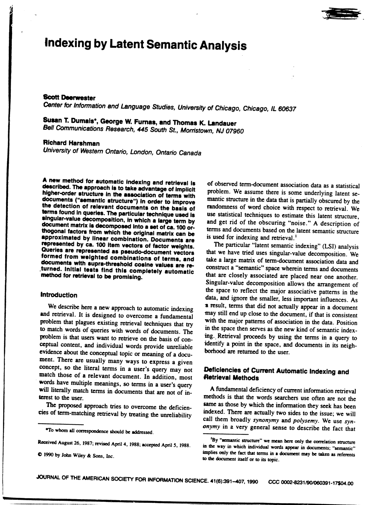 Indexing By Latent Semantic Analysis