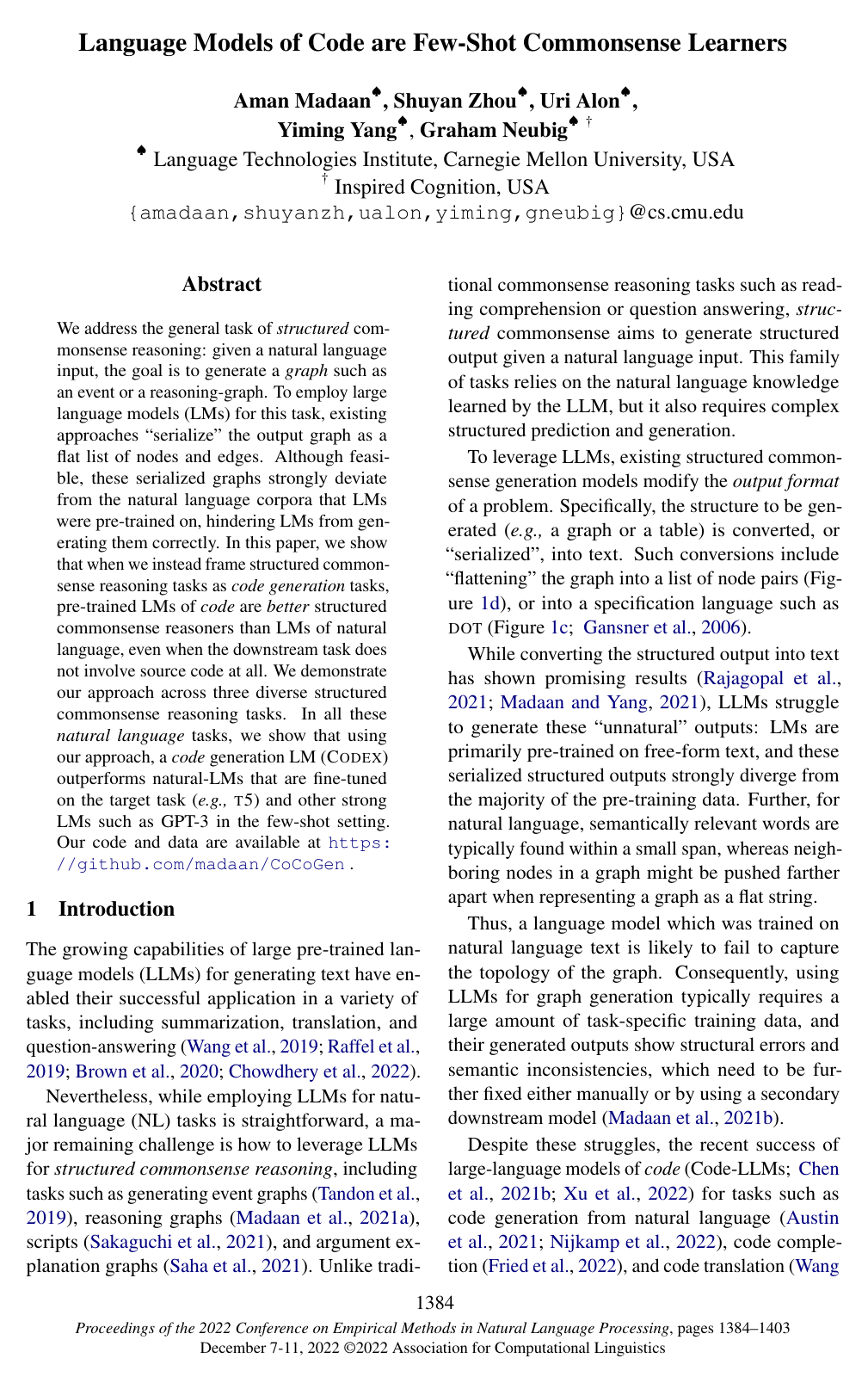Language Models of Code are Few-Shot Commonsense Learners