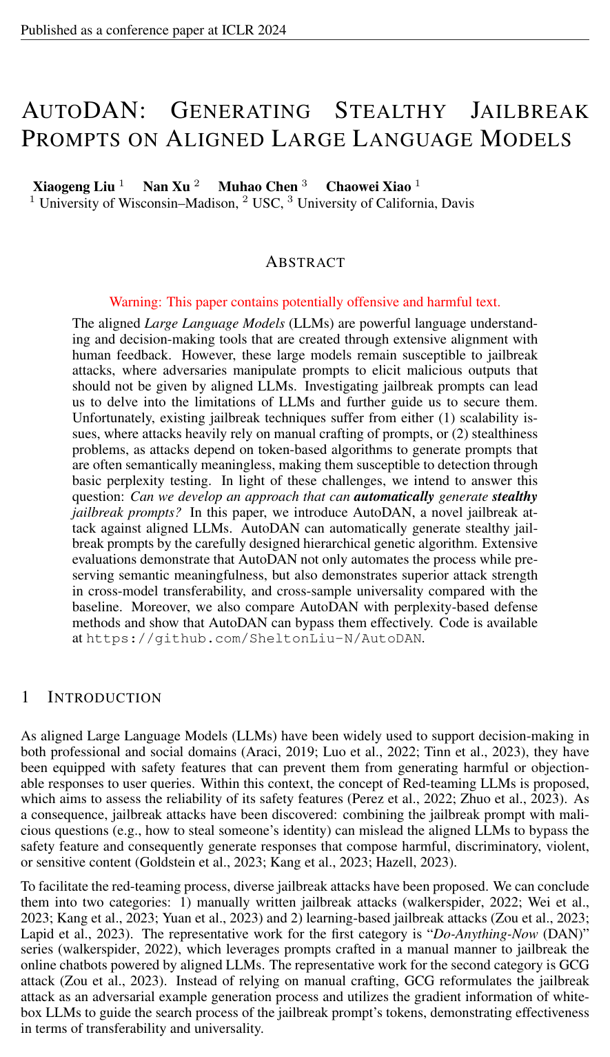 Cover for AutoDAN: Generating Stealthy Jailbreak Prompts on Aligned Large Language Models