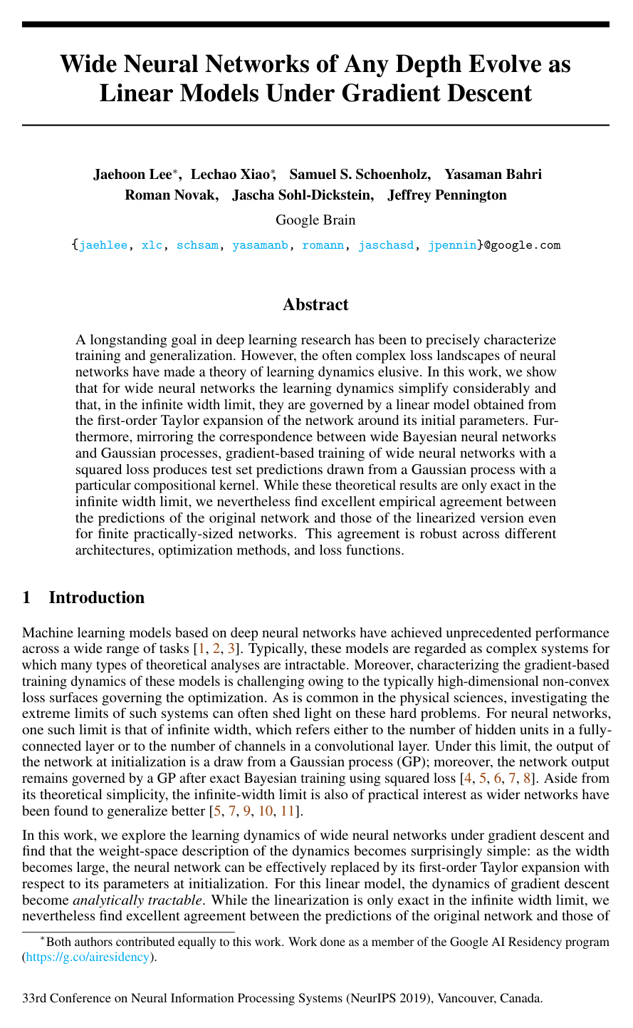 Wide neural networks of any depth evolve as linear models under gradient descent