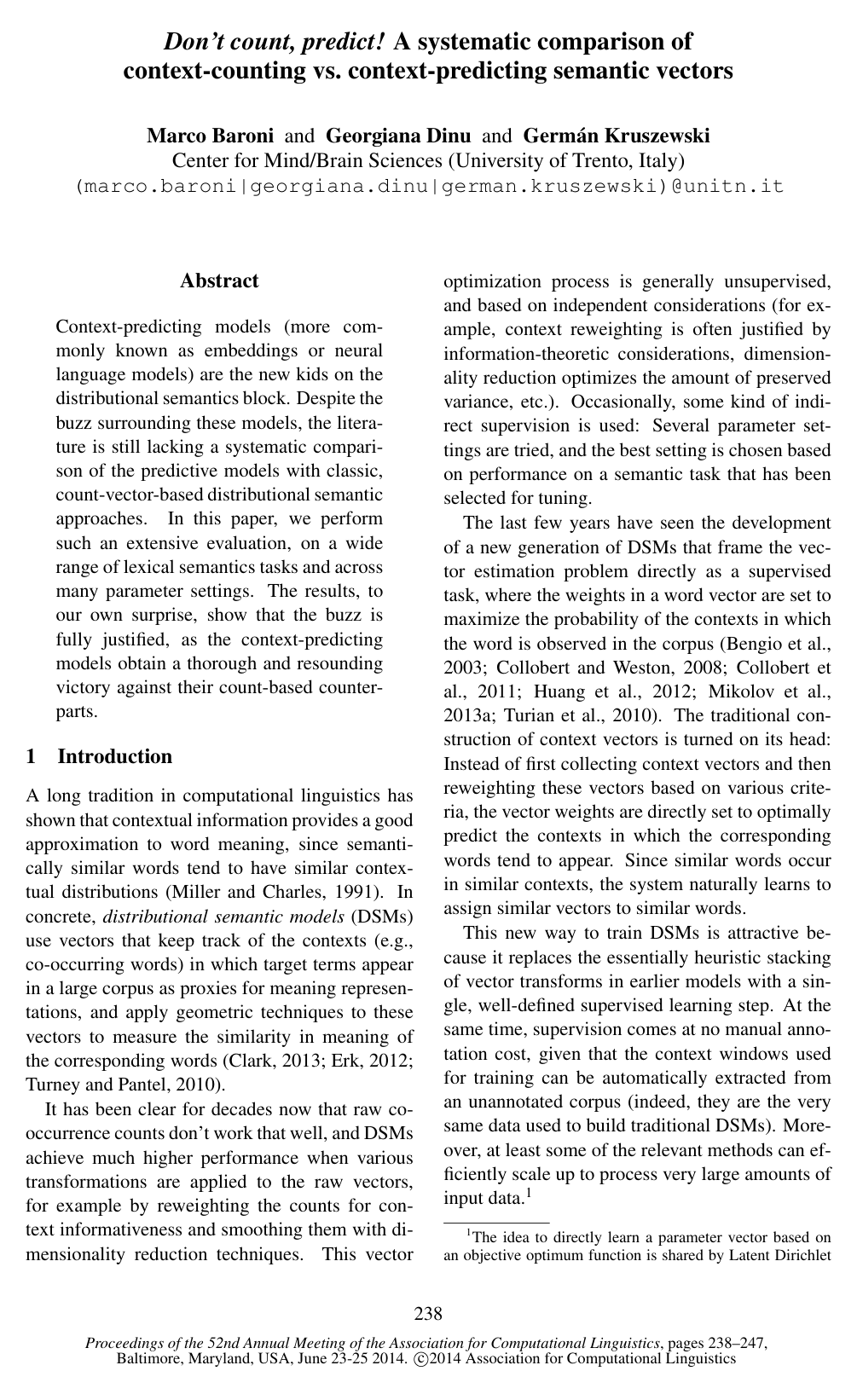 Don’t count, predict! A systematic comparison of context-counting vs. context-predicting semantic vectors