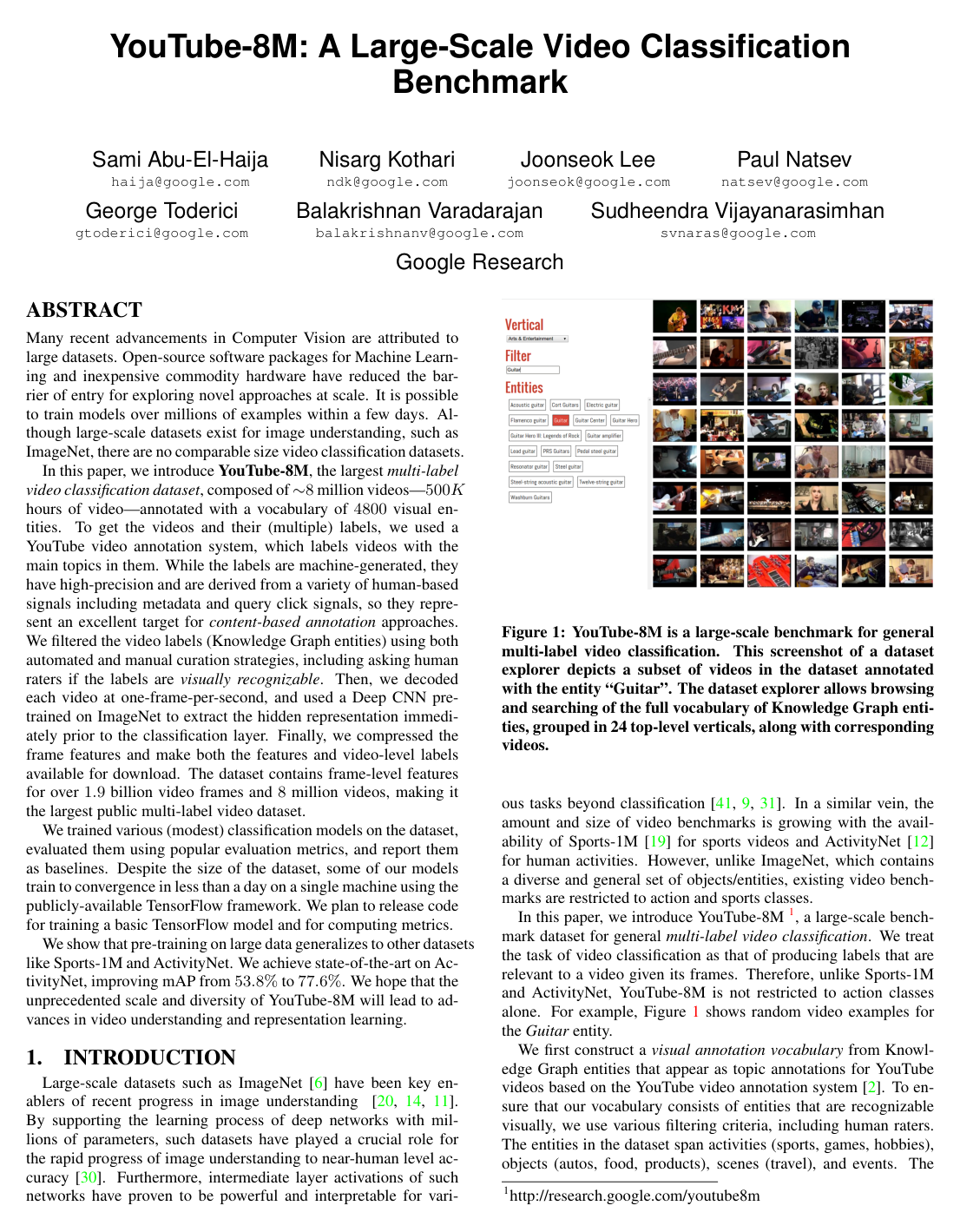 YouTube-8M: A Large-Scale Video Classification Benchmark