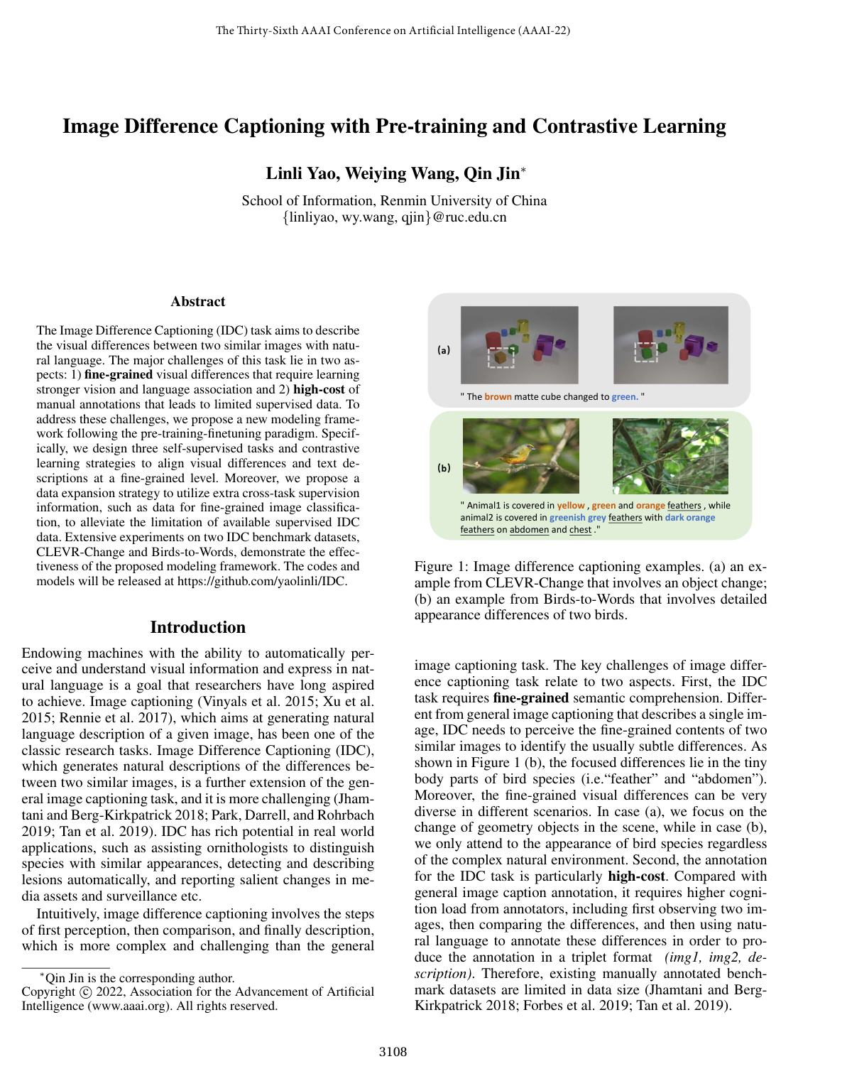 Image Difference Captioning with Pre-training and Contrastive Learning
