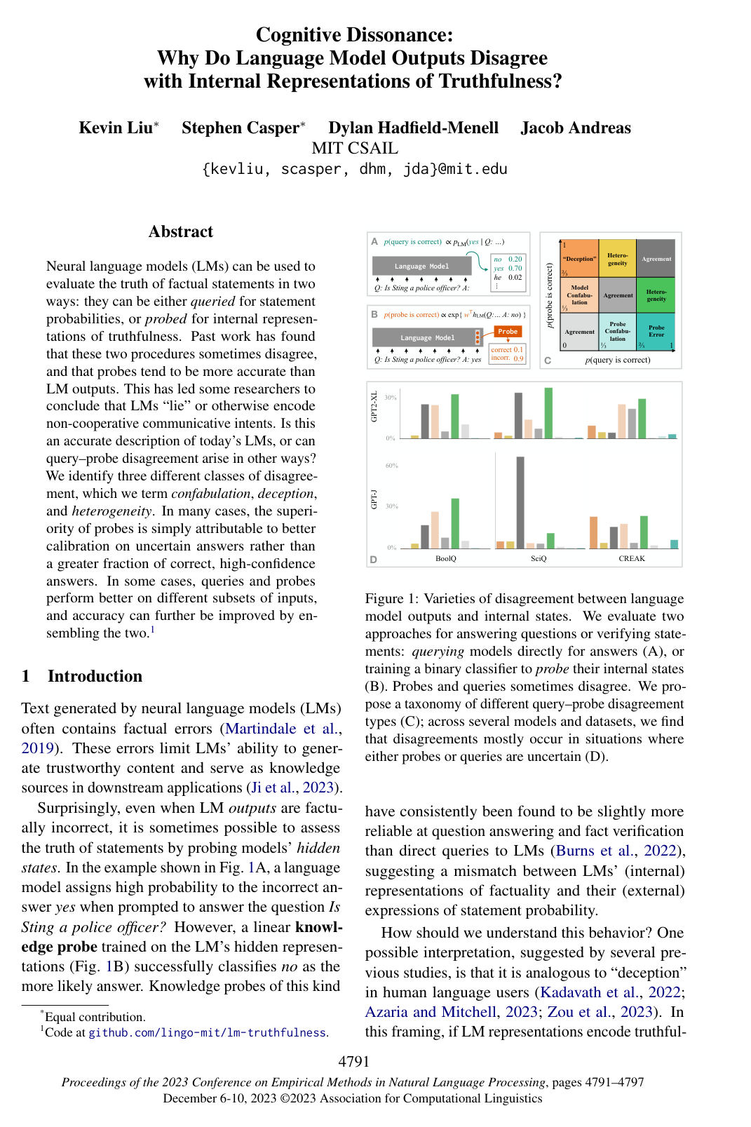 Cognitive Dissonance: Why Do Language Model Outputs Disagree with Internal Representations of Truthfulness?