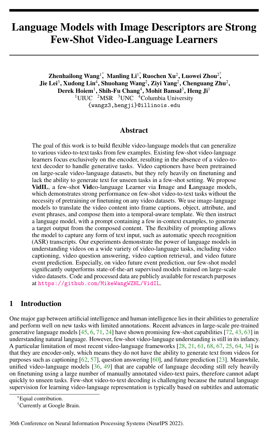 Language Models with Image Descriptors are Strong Few-Shot Video-Language Learners