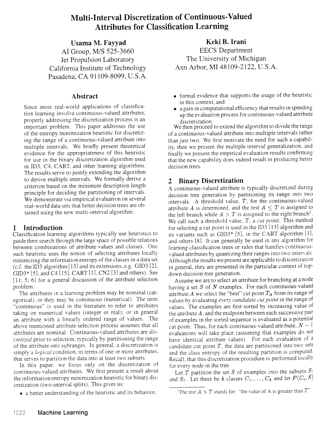 Multi-Interval Discretization of Continuous-Valued Attributes for Classification Learning