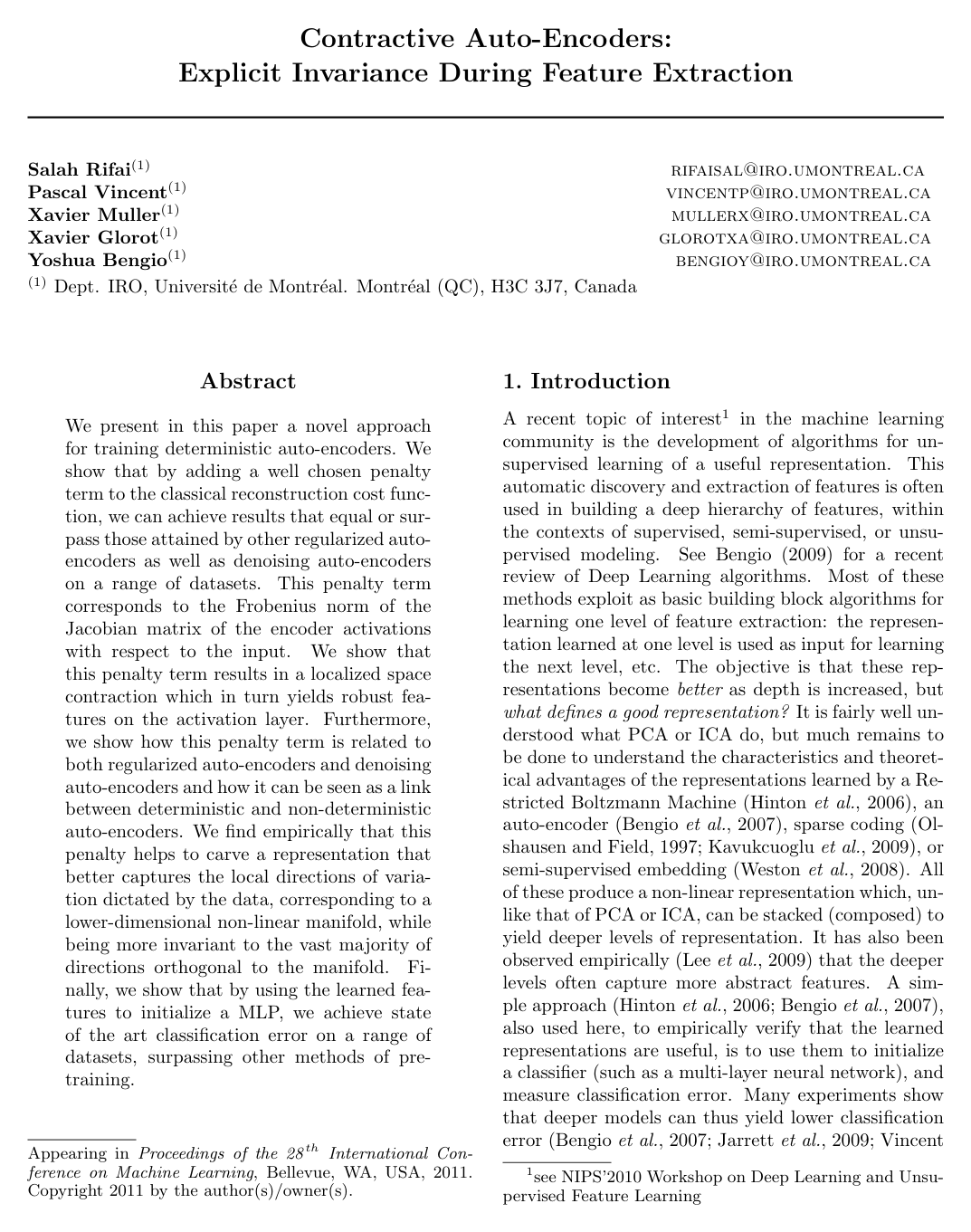 Cover for Contractive Auto-Encoders: Explicit Invariance During Feature Extraction