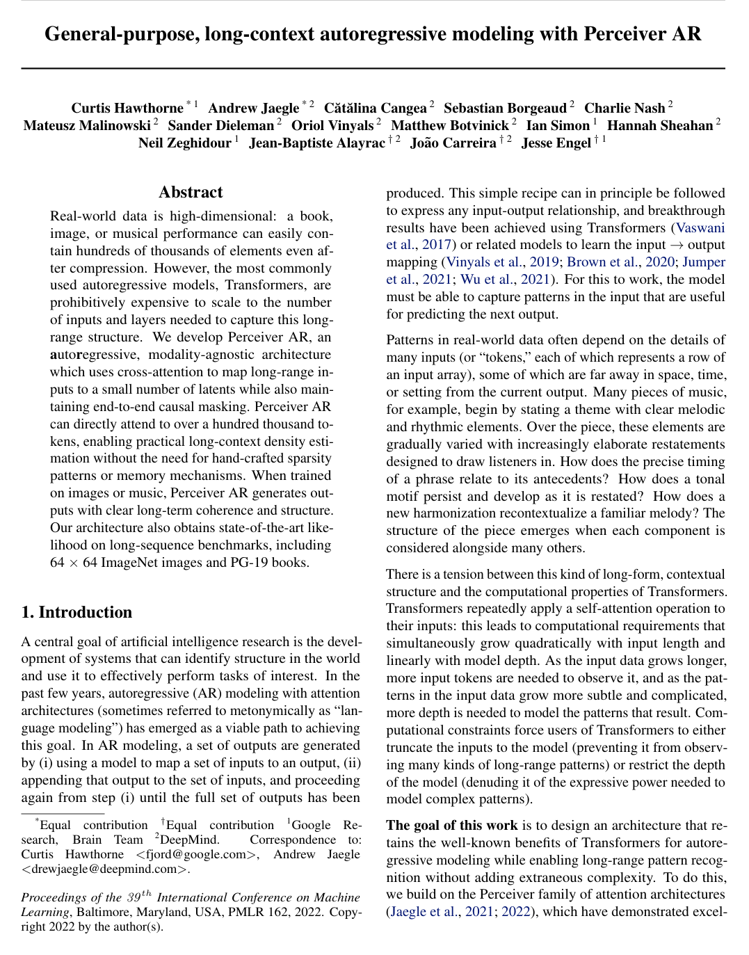 Cover for General-purpose, long-context autoregressive modeling with Perceiver AR