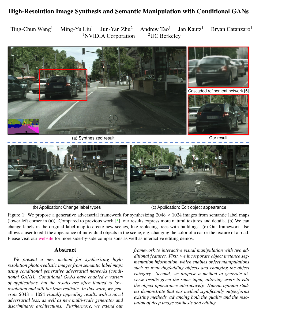 High-Resolution Image Synthesis and Semantic Manipulation with Conditional GANs