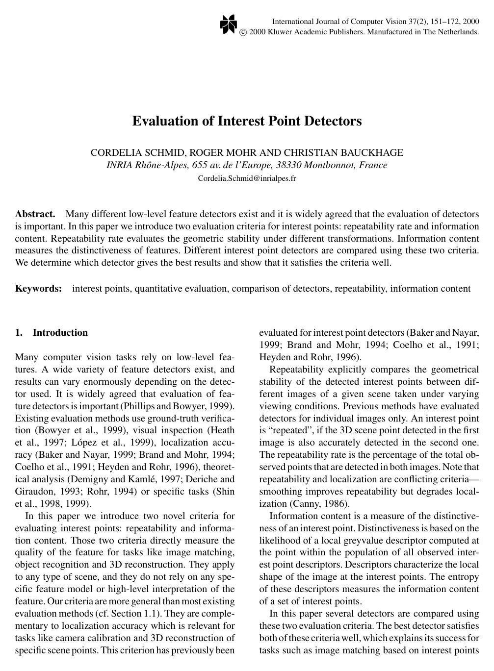 Cover for Evaluation of Interest Point Detectors