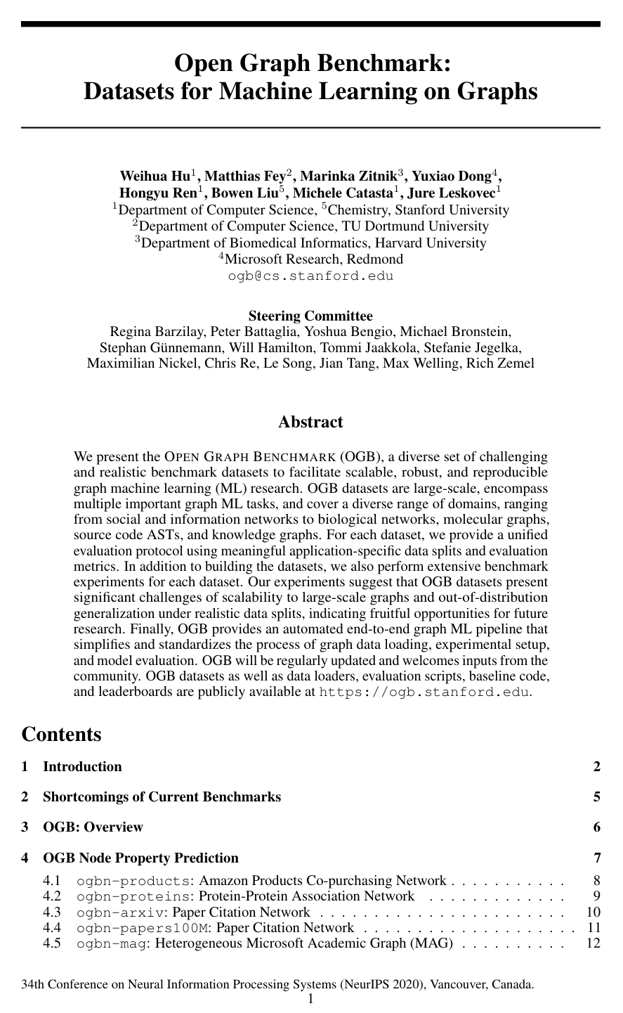 Open Graph Benchmark: Datasets for Machine Learning on Graphs