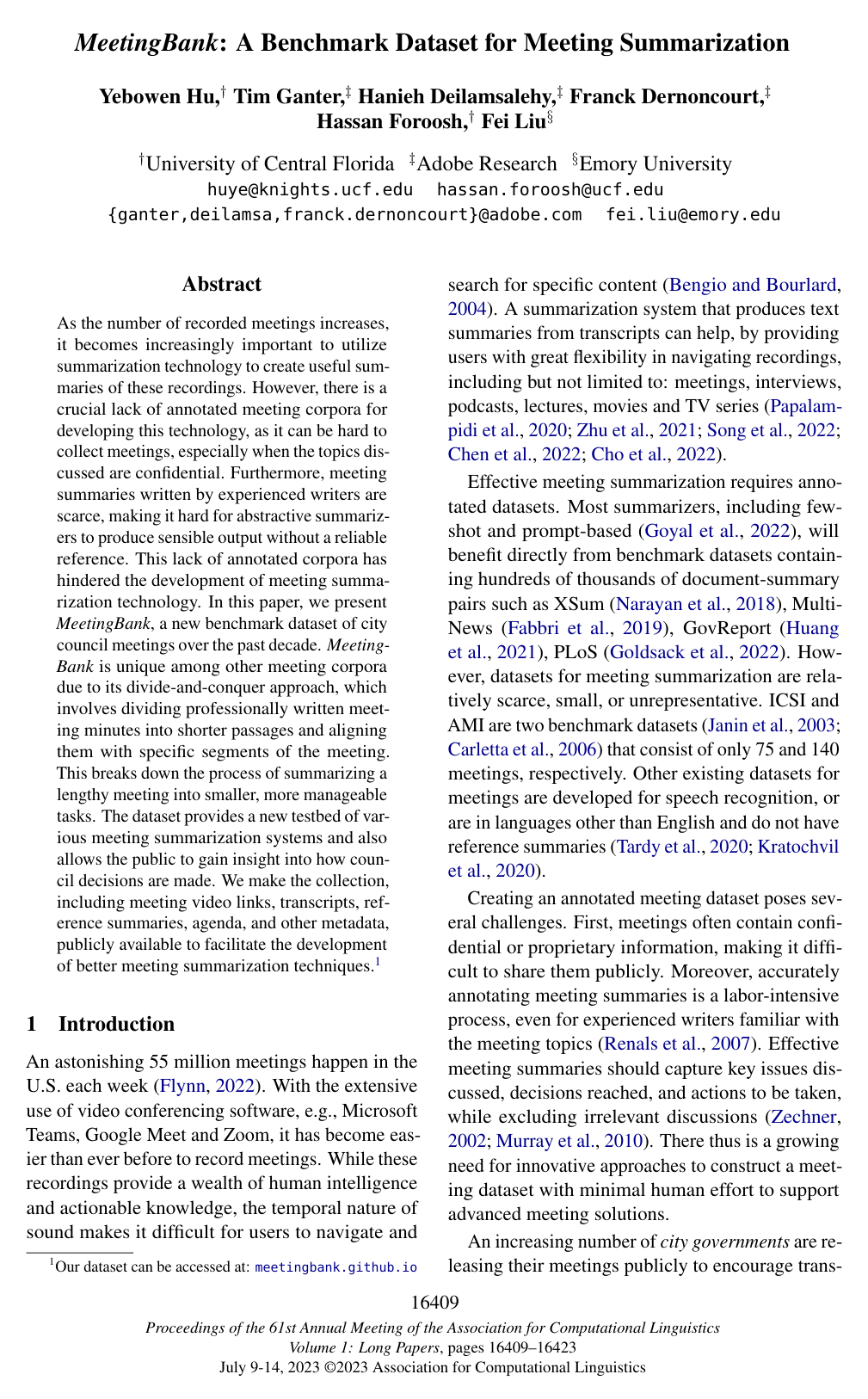MeetingBank: A Benchmark Dataset for Meeting Summarization