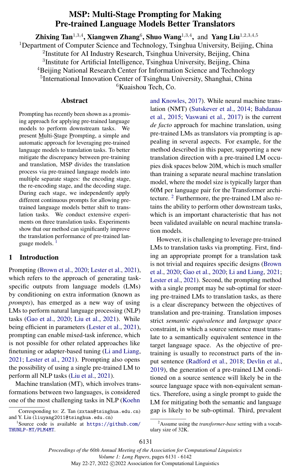 MSP: Multi-Stage Prompting for Making Pre-trained Language Models Better Translators