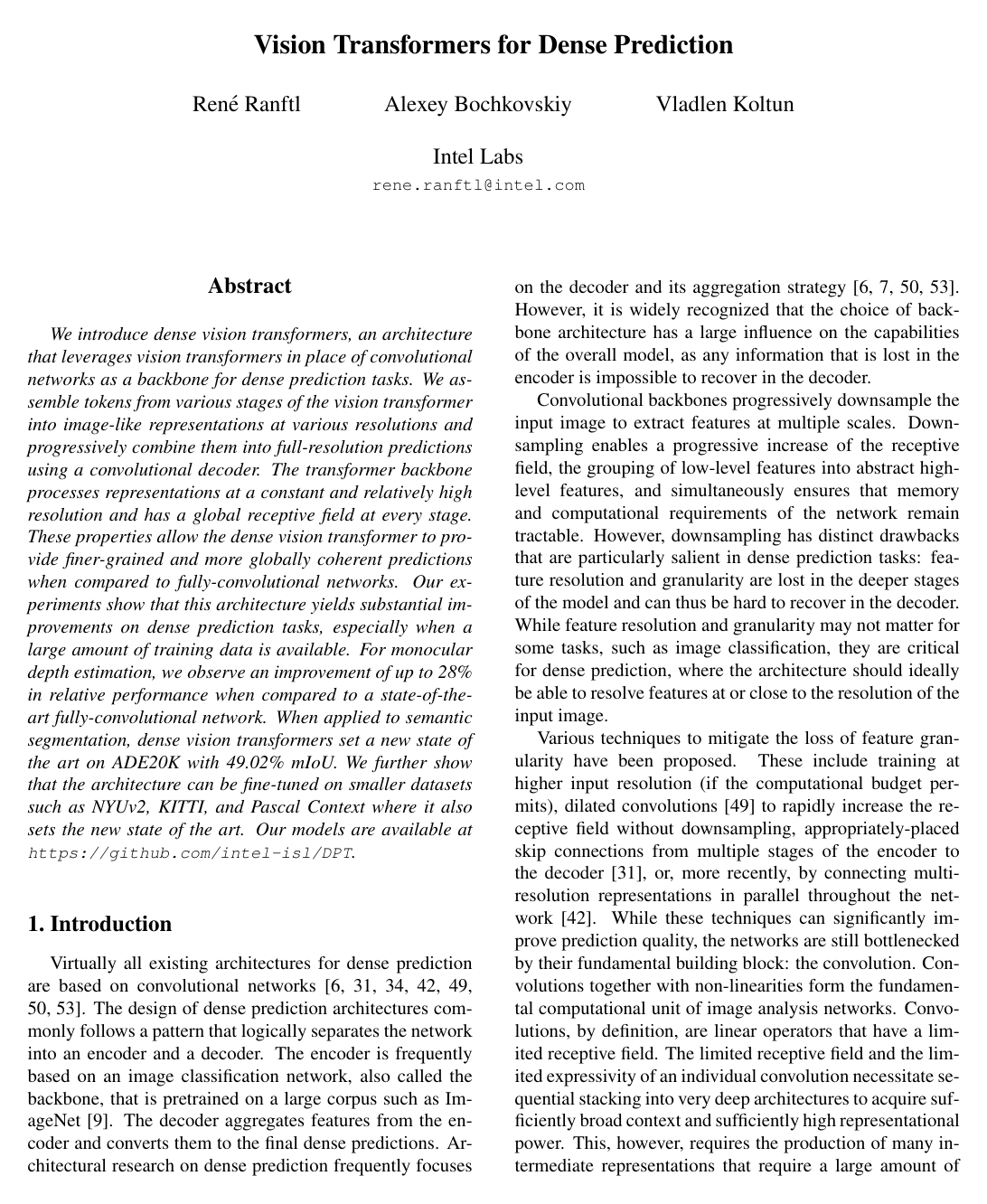 Vision Transformers for Dense Prediction